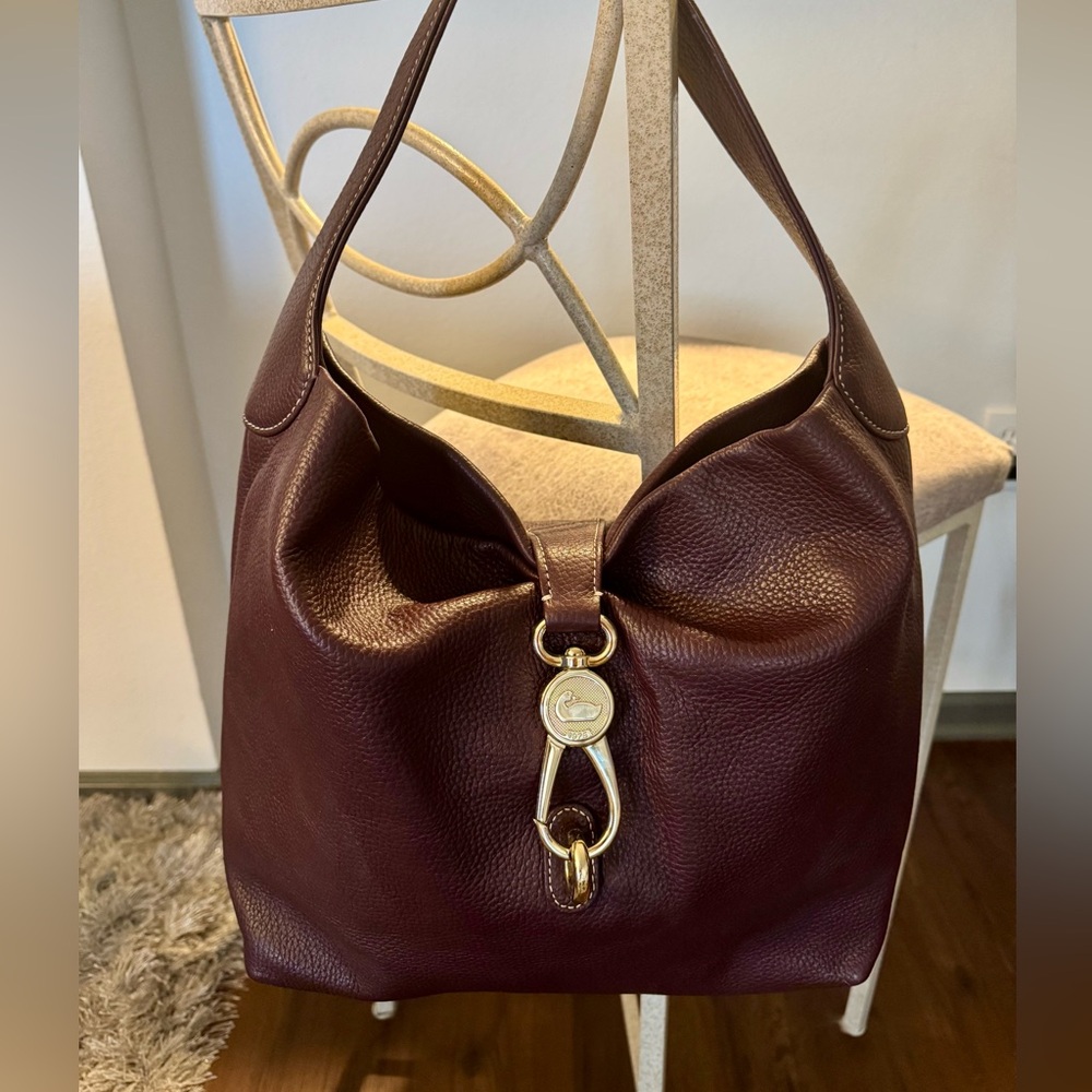 Dooney & Bourke Samba Pebble Leather Logo
Lock Shoulder Bag, Plum Color